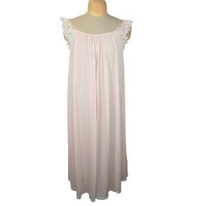 Vintage Lucie Ann Blush Pink Lace Nightgown USA Made Nylon Lingerie Coquette 70s